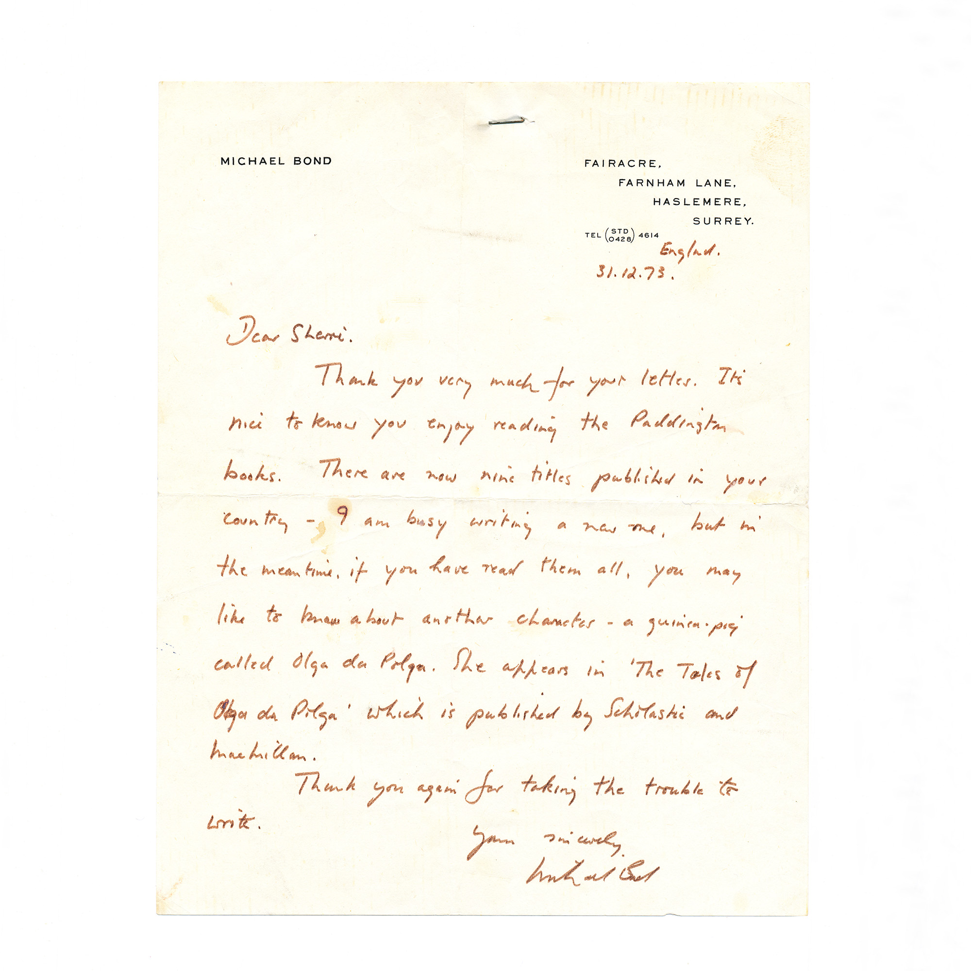 Paddington] Autograph Letter Signed by BOND, Michael