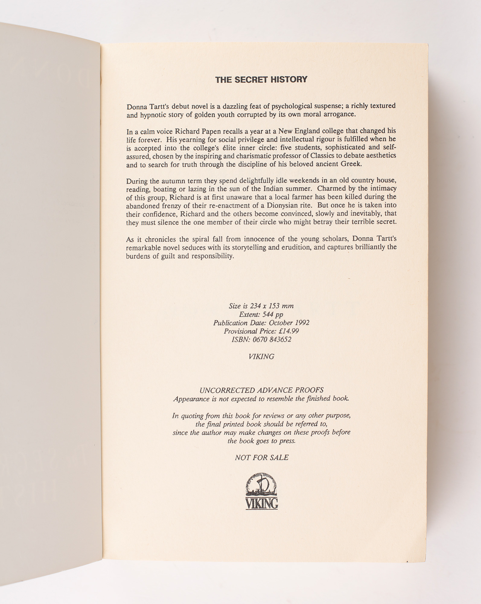 The Secret History by TARTT, Donna - Jonkers Rare Books