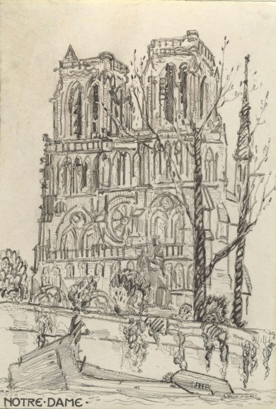 Notre Dame - Original Pen and Ink Drawing on Vellum - , 
