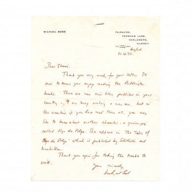 [Paddington] Autograph Letter Signed - , 